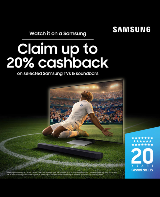 electricshopcom's tweet photo. 🎉 Upgrade your setup with Samsung!

Buy a qualifying Samsung TV or Sound Device between 13 May – 16 June 2026 and claim up to 20% Cashback 💸
https://t.co/JO5R2Zceef

Shop selected Samsung products today. #Samsung #Cashback #SamsungTV #Soundbar https://t.co/qUrxLiAoXI