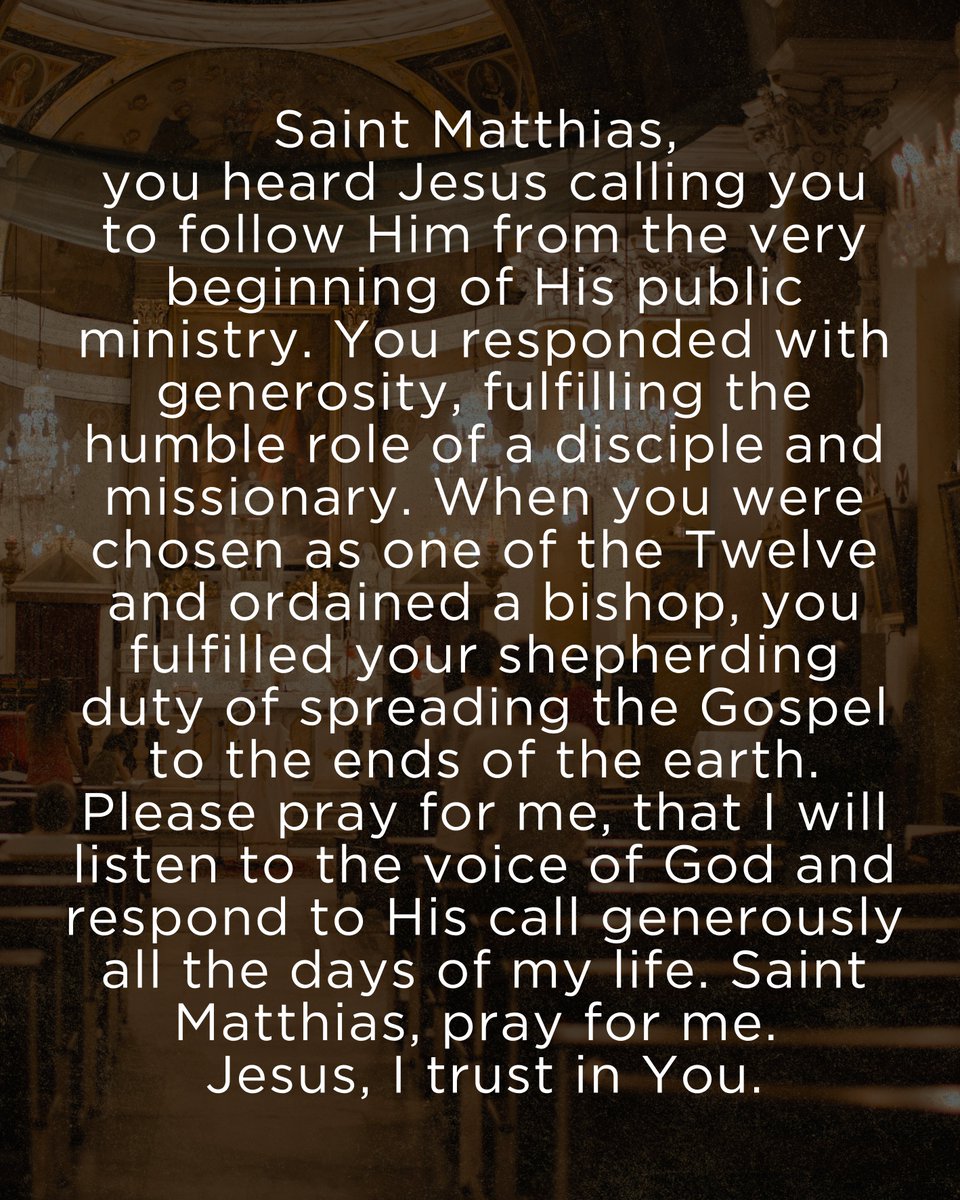 ArchDenver's tweet photo. St. Matthias, pray for us! 

Chosen by the apostles to replace Judas, St. Matthias reminds us that God calls ordinary people to extraordinary mission. May we respond to Christ’s call with faith and courage today. https://t.co/q2ti9OT1MS