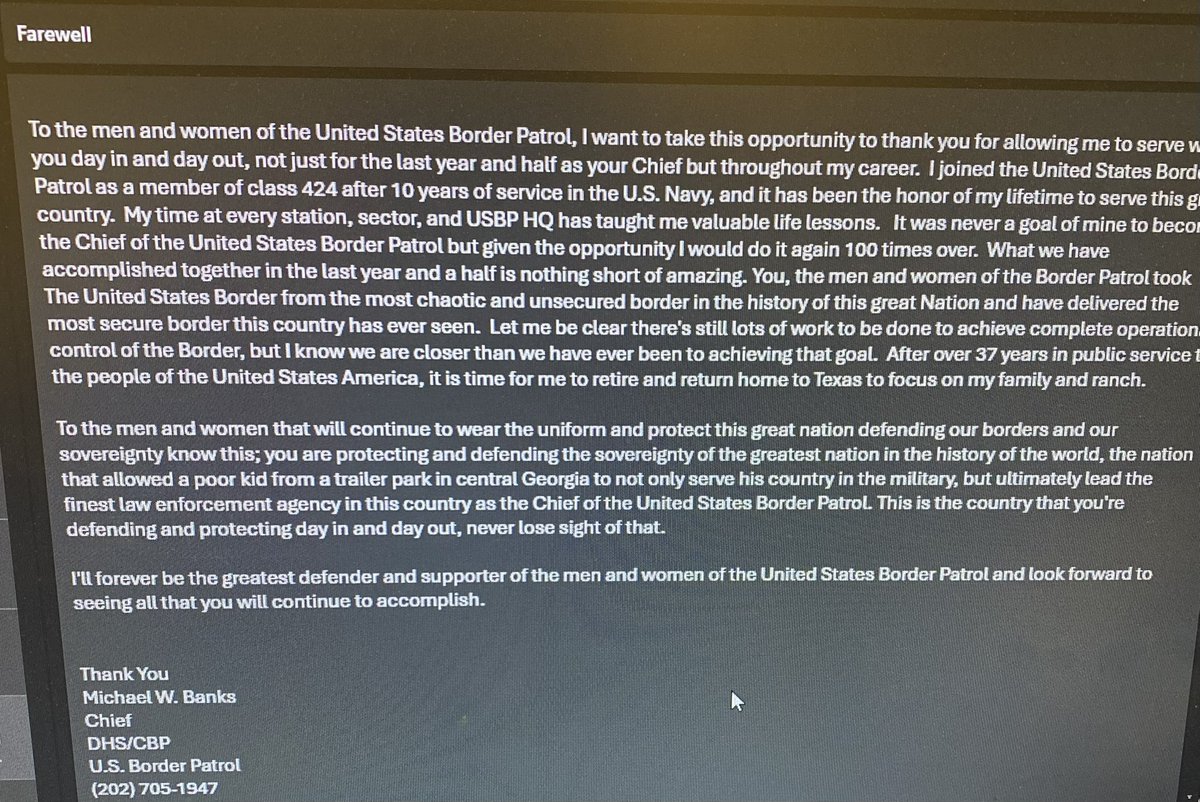 Brooketaylortv's tweet photo. #FIRSTONFOX: Sources confirm to me that US Border Patrol Chief @USBPChief abruptly retires. Email he shared attached: https://t.co/h1fJ2OVoXe