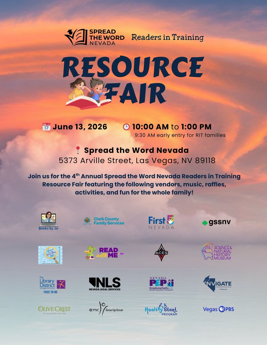 SpreadtheWordNV's tweet photo. Join us for the 4th Annual Spread the Word Nevada Readers in Training Resource Fair — a free, family-friendly event featuring community vendors, music, raffles, activities, and fun for all ages. We can’t wait to see you there! https://t.co/zRw8TKvNKF