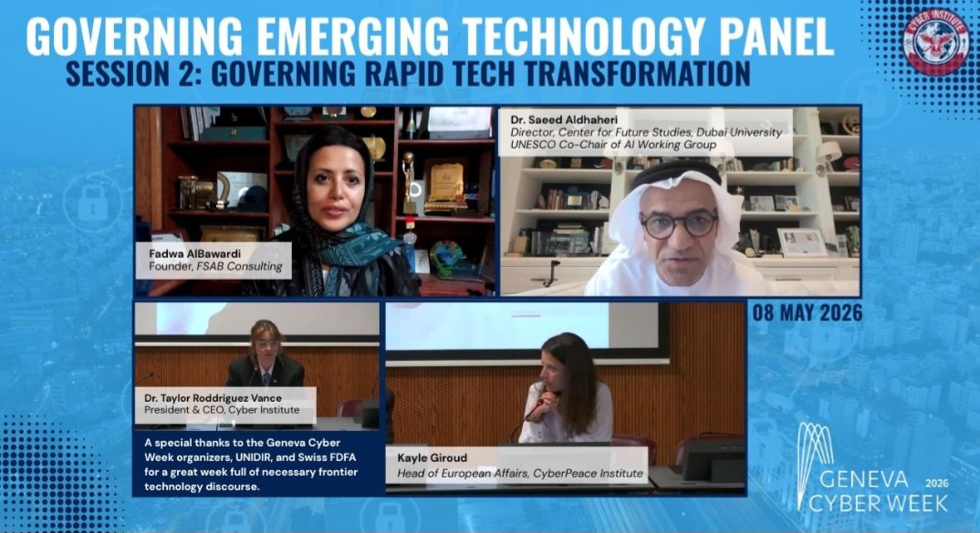 fadwa_albawardi's tweet photo. مشاركة دولية وإشادة قيمة، اعتز بها.
Geneva Cyber Week' 26: Governing Emerging Technoligy Panel https://t.co/3FUwb0xLwf