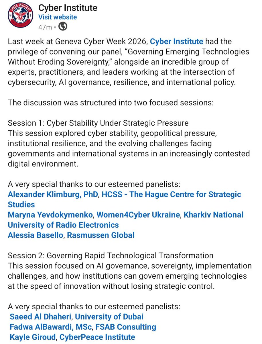 fadwa_albawardi's tweet photo. مشاركة دولية وإشادة قيمة، اعتز بها.
Geneva Cyber Week' 26: Governing Emerging Technoligy Panel https://t.co/3FUwb0xLwf