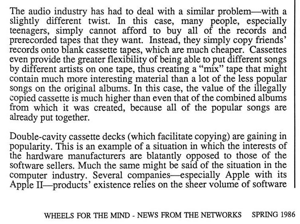 Wollivan's tweet photo. @DespairNem The earliest reference I've found to a ""mix" tape", from an ARPANET discussion of software piracy in 1986. https://t.co/SJdzROFf2E