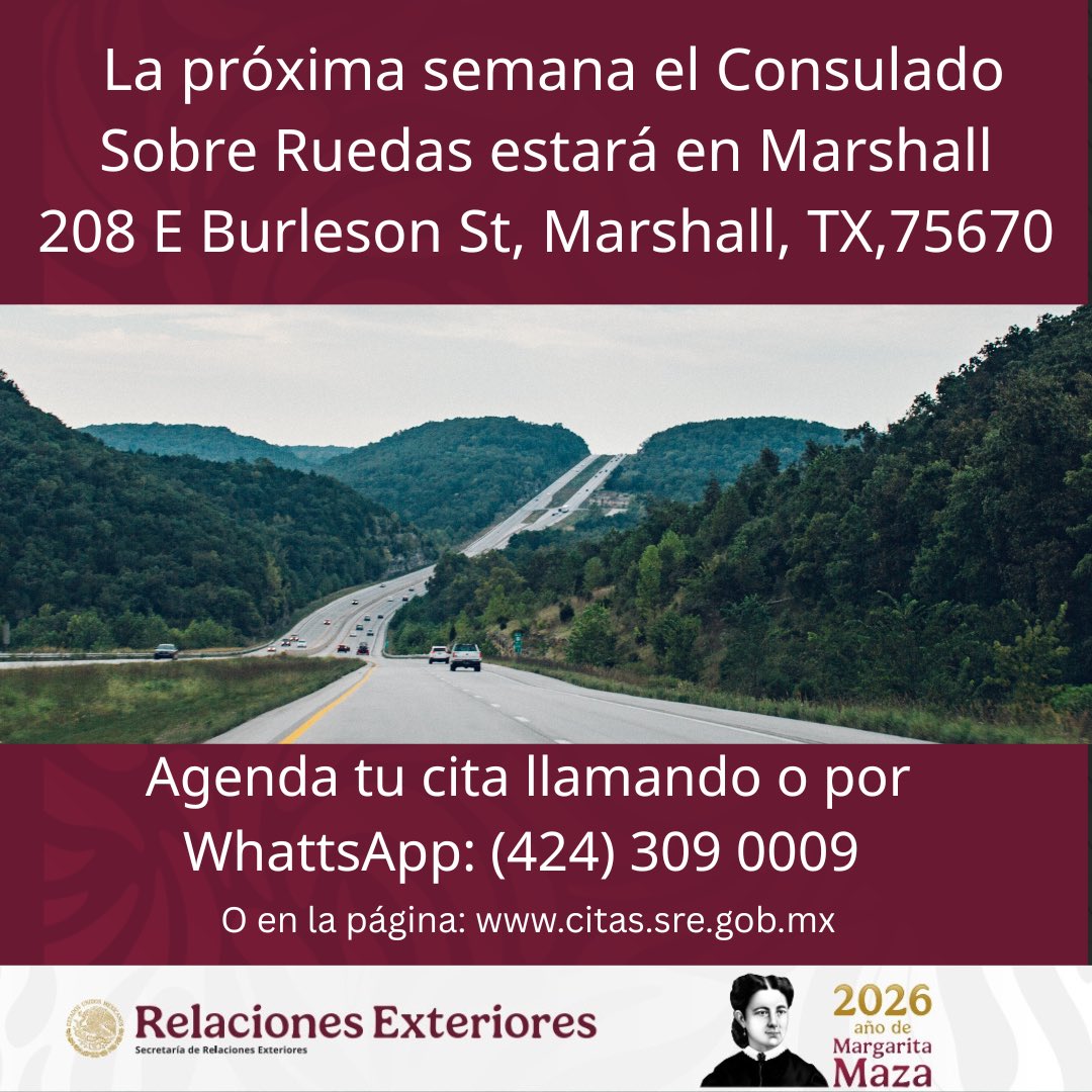 ConsulMexDal's tweet photo. COMUNIDAD🇲🇽EN MARSHALL
 ¿Necesitas pasaporte, matrícula consular o tu credencial para votar? 
 La próxima semana el #ConsuladoSobreRuedas estará en #Marshall y tenemos citas disponibles.

 Agenda tu cita en: 
💻 https://t.co/JfTMpmdi6t 
☎️WhatsApp o llamada: (424) 309-0009 https://t.co/1HILe2kKev