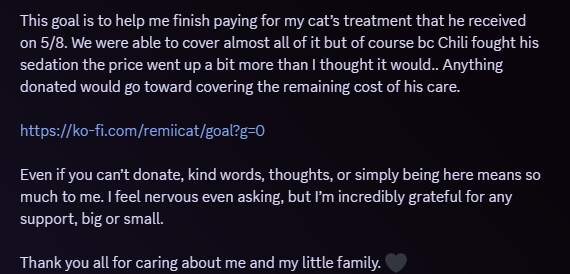 nekobeanstarry's tweet photo. My friend @remiicatttv needs all the help she can get to bring her furbaby to a better health state. Any repost and donos helps greatly as her cat has been around with her since his kittenhood. Here is the link below:

https://t.co/jnwVBVa4B0

#ENVtubers #medicine #animals #kofi https://t.co/0Z9JcdS0Mo