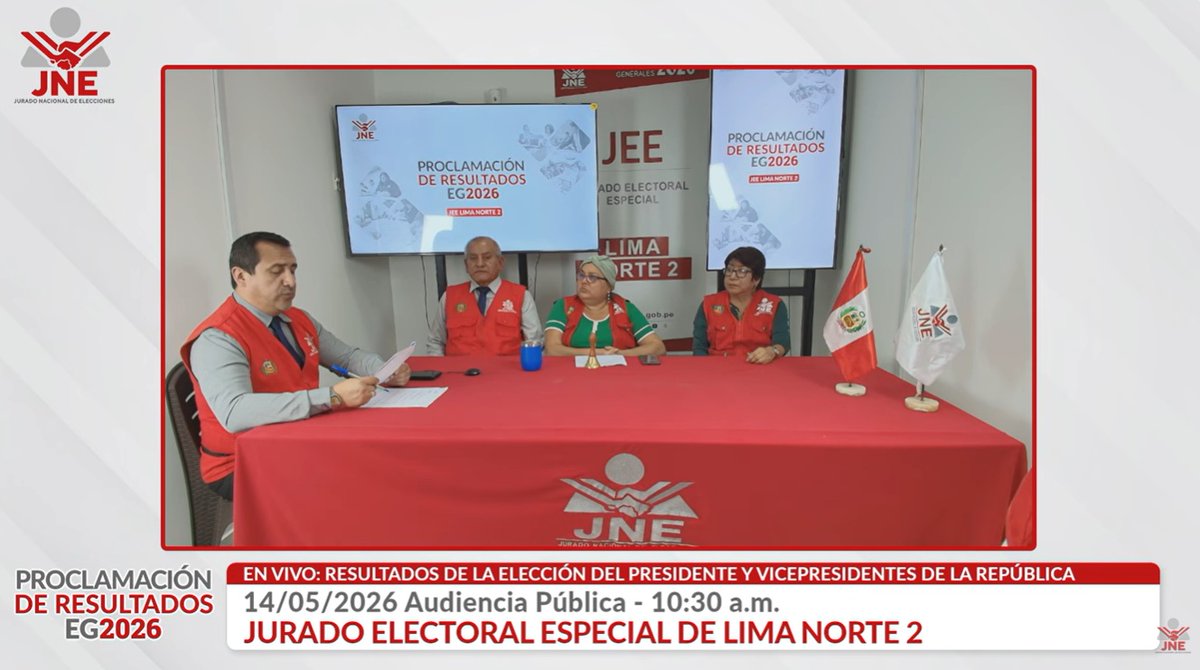 JNE_Peru's tweet photo. 🚨Jurados Electorales Especiales continúan con la proclamación descentralizada de resultados de las #EG2026🗳️.

El JEE de Lima Norte 2 proclama resultados de cómputo de la elección presidencial en su jurisdicción.
📡#EnVivo aquí 👉 https://t.co/0QsENDPA3L

#TuVotoSeRespeta https://t.co/1OXPAEL6Pa