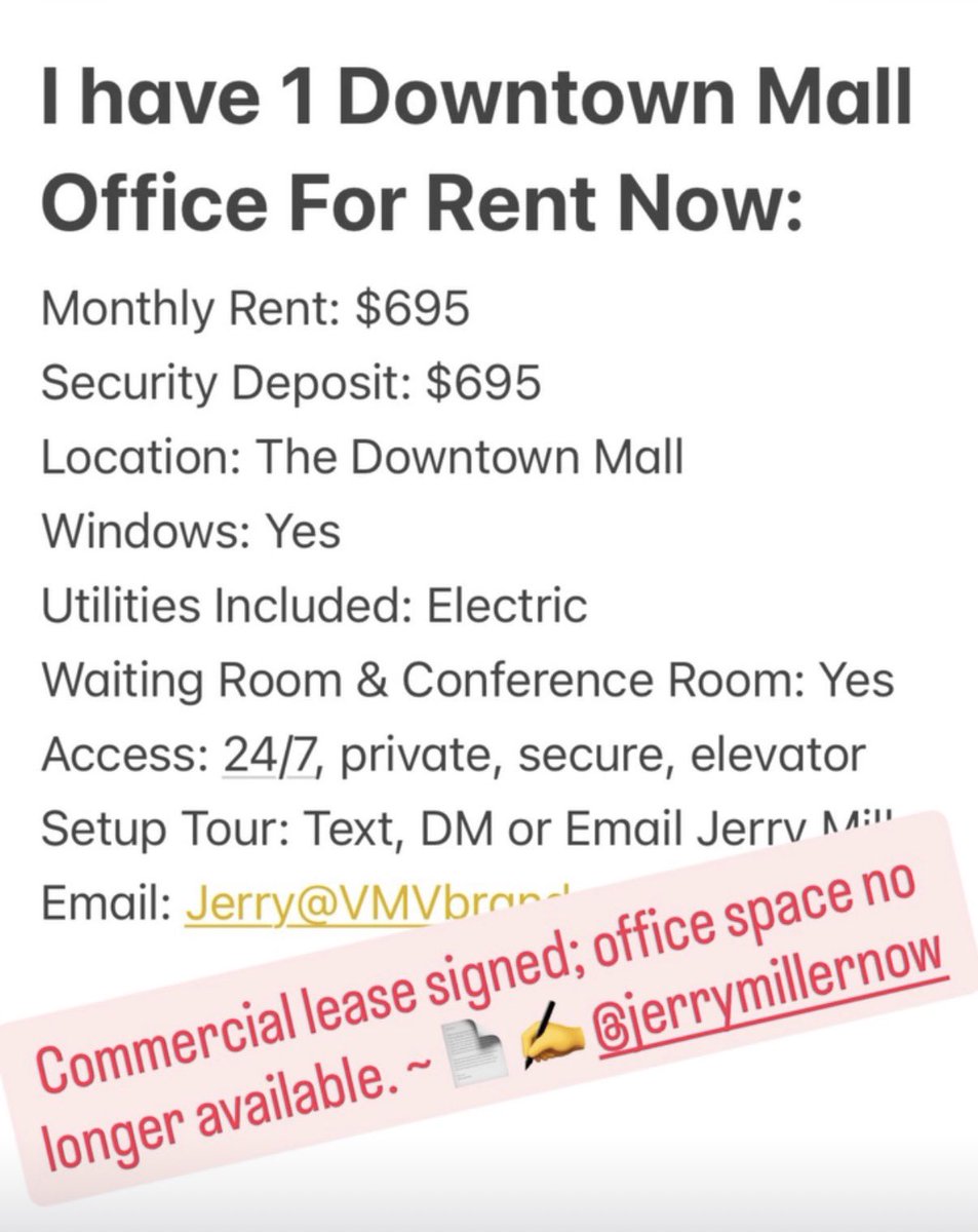 JerryMillerNow's tweet photo. Commercial lease signed; office space no longer available. ~ 📄 ✍️ @TheMillerOrg @iLoveCVilleVA https://t.co/HzogYPKilo