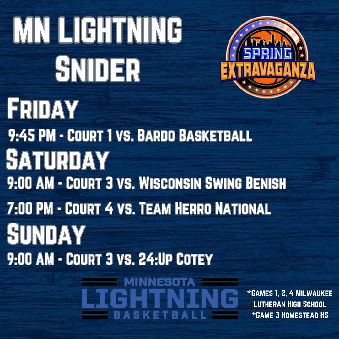 MNLightningAAU's tweet photo. 16u-Snider NY2LA Spring Extravaganza Schedule for this weekend in Milwaukee https://t.co/PJnNkGGoyg