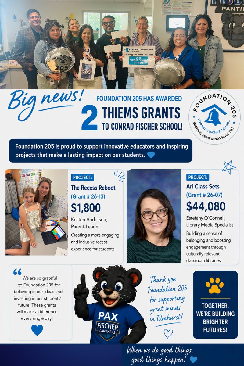 FischerD205's tweet photo. Fischer is celebrating BIG wins for students! Congratulations to Mrs. Estefany O’Connell &amp; Mrs. Kristen Anderson for earning @Foundation_205 Thiems Grants that will strengthen belonging, literacy, engagement, and student experiences for our Panthers!
#WeAreFischerD205 #WeAreD205 https://t.co/RFeVoJEQIj