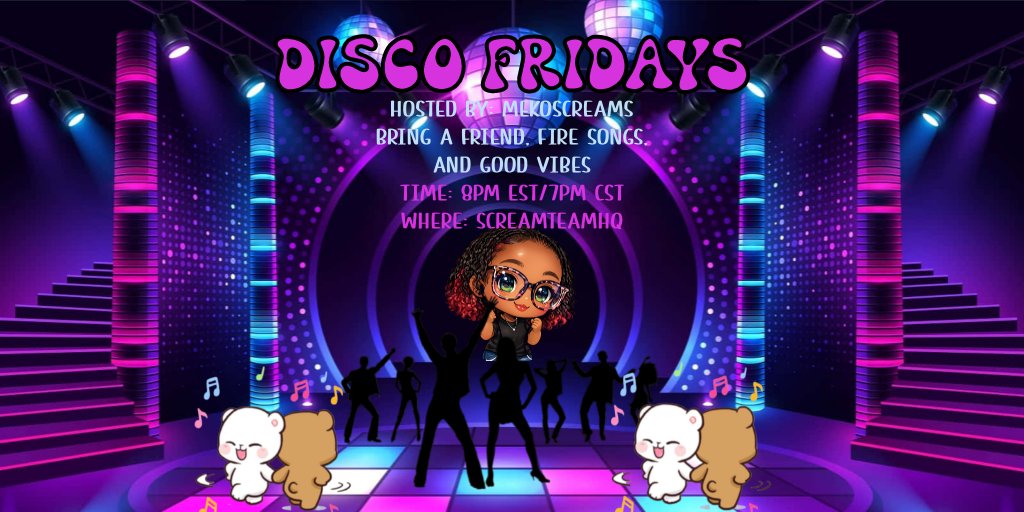 ScreamTeamFTW's tweet photo. WANNA GET FUNKY AND VIBE OUT TO MUSIC??? Meko will be hosting Disco Fridays on the ScreamTeamHQ twitch page!!!  Theres even a twist lol!!! See you tmr at 8pm est/7pm cst!!!  @MekoScreams  https://t.co/ciWOQbE1PH https://t.co/NhJBiB1287