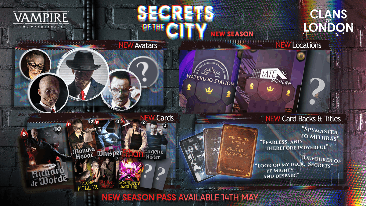 ClansofLondon's tweet photo. Secrets are currency in London… and the Nosferatu are collecting.

The Secrets of the City Season is available now, featuring:
🩸 New cards
👁️ Exclusive avatars
📚 Card backs &amp; titles
🌃 New locations
🕵️ More secrets…

Step into London and expand your collection! https://t.co/PcFauBphdR
