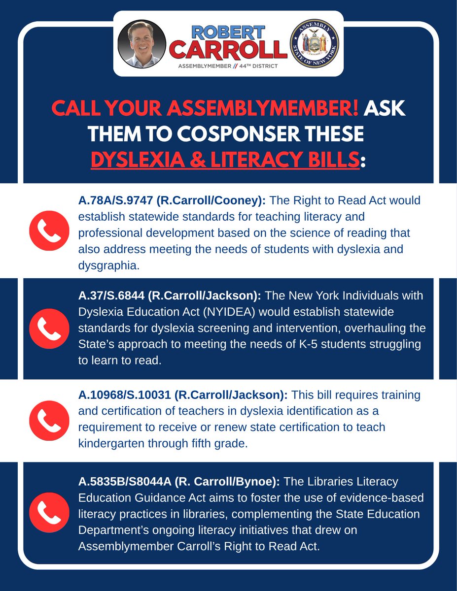 Bobby4Brooklyn's tweet photo. Today was a powerful Dyslexia Advocacy Day in Albany.

Thank you to all the parents, students, educators, advocates, and organizations who came to the Capitol to fight for every child’s right to read. And thank you to my colleague Jo Anne Simon for her years of leadership and partnership on dyslexia advocacy.

I’m proud to be leading legislation to transform how New York supports students struggling to read, including:

• The Right to Read Act (A.78A/S.9747)
• The New York Individuals with Dyslexia Education Act — NYIDEA (A.37/S.6844)
• Teacher training and certification in dyslexia identification (A.10968/S.10031)
• The Libraries Literacy Education Guidance Act (A.5835B/S.8044A)

I’m also proud of the work we’ve already accomplished, including legislation creating the State Dyslexia and Dysgraphia Center, the Dyslexia Task Force, the Dyslexia Diagnosis Act — a first-in-the-nation law requiring private insurance coverage for neuropsychological exams for dyslexia — and broader efforts to strengthen statewide support for students and families.

Every child deserves evidence-based literacy instruction and the opportunity to succeed. We’ve made real progress — but there’s still more work to do.