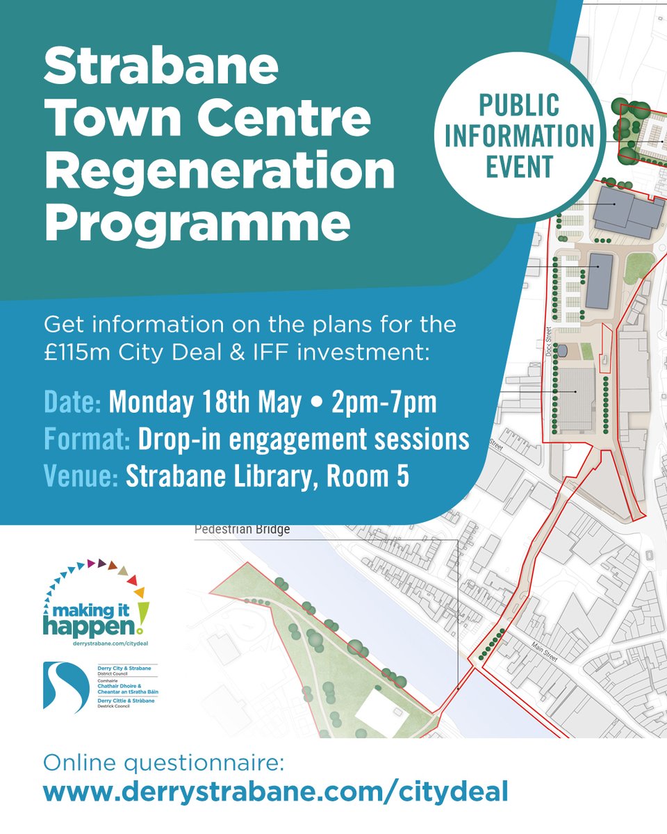 dcsdcouncil's tweet photo. Strabane Town Centre Regeneration Programme: Public Information Event
Learn more about the £115 million Strabane Town Centre Regeneration Programme.
📅Monday 18th May
⏰2pm-7pm
📍Strabane Library, room 5
No registration required, just drop in to this public information event https://t.co/OB4BKTCIH2