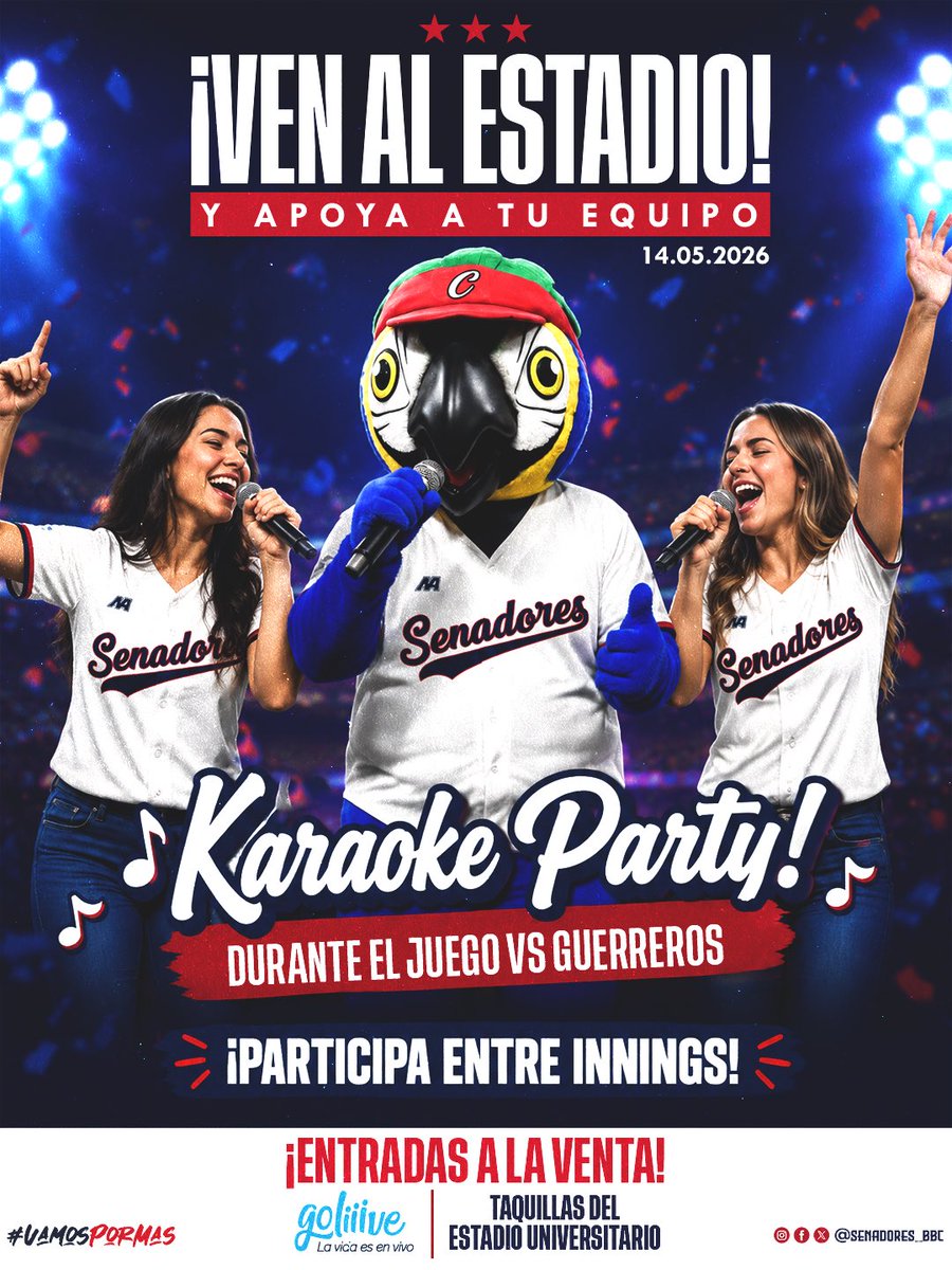 senadores_bbc's tweet photo. ¡Venir al Estadio Universitario es una experiencia! 😎

Hoy disfruta con nosotros un 𝒋𝒖𝒆𝒗𝒆𝒔 𝒅𝒆 𝒌𝒂𝒓𝒂𝒐𝒌𝒆🎤 entre innings durante el juego.

¿Te animas? 🤩

Entradas a la venta en las taquillas del estadio o en Goliive.

#EsteEsMiEquipo🏛️ y #VamosPorMás🏆 https://t.co/H6WuhoiUeY