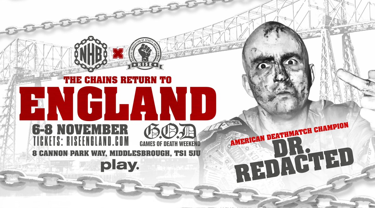 NHBTheChains's tweet photo. ⛓️‍💥NHB x RISE UK 🇬🇧
FIGHTER ANNOUNCEMENT⛓️‍💥 

AMERICAN DEATHMATCH 
WORLD CHAMPION 
DR. REDACTED 
is COMING to the 
UNITED KINGDOM! 

THE CHAINS ⛓️‍💥 FINALLY
RETURN to the UNITED KINGDOM!!

LIVE!! FRIDAY-SUNDAY 
NOVEMBER 6-8 - 
PLAY in MIDDLESBROUGH ENGLAND 🏴󠁧󠁢󠁥󠁮󠁧󠁿 

FRIDAY - NHB THE CHAINS ⛓️‍💥 
SATURDAY - RISE G.O.D. DEATHMATCH 16 PERSON TOURNAMENT (2 EVENTS) 
SUNDAY - SPECIAL Q&A & 
MEET & GREET

TICKETS ON SALE NOW - 
https://t.co/JLEHsfAjej 

if you already purchased weekender passes you are already set for all events! 

MORE TALENT ANNOUNCEMENTS 
COMING NEXT WEEK!
