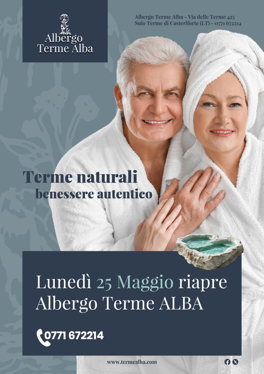 TermeAlba's tweet photo. 📷 Lunedì 25 Maggio riapre Albergo Terme ALBA!
A Suio Terme torna a splendere la nostra ospitalità di famiglia.
Le acque sulfuree naturali, che sgorgano direttamente sotto l’albergo, vi aspettano per momenti di benessere autentico.
Vi aspettiamo dal 25 Maggio.
#stagione2026 https://t.co/zNZCI7t3De