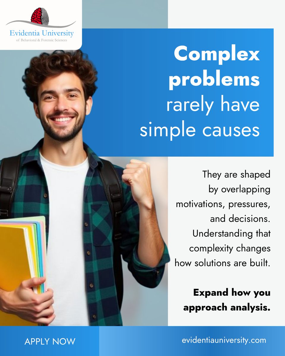 EvidentiaU's tweet photo. Complex problems are shaped by behavior, pressure, and decision-making over time.

Students learn to connect patterns, sharpen reasoning, and approach challenges with clarity through 100% online behavioral and forensic science programs.

Learn more at https://t.co/UivVqeZGaC https://t.co/CyAqpKL7aS