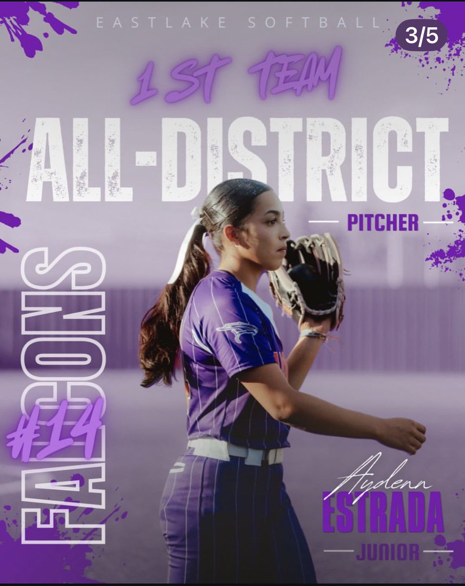 EastlakeSoftba1's tweet photo. Congrats to Junior Pitcher Aydenn Estrada.  Aydenn is a 3 year starter and 2 year Team Captain. Aydenn was selected to District 1-6A 1st Team All District.  Her ERA was 3.93 and won 10 games this year.  In her career she has 156 K’s with 1 more year to go and a big part of the success of the team.