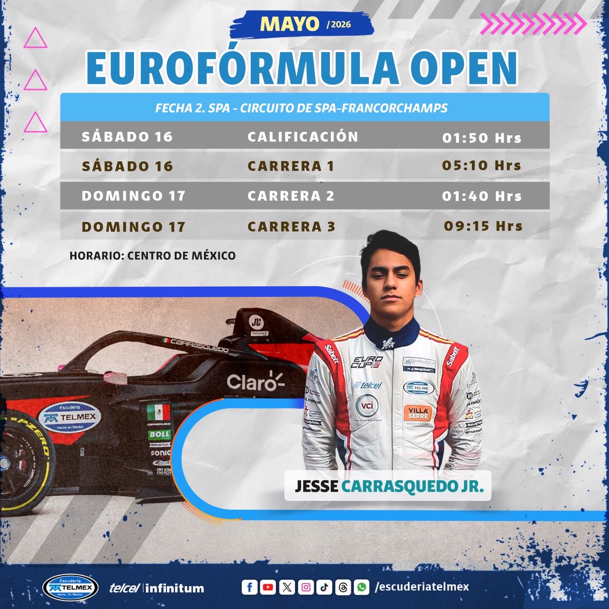 escuderiatelmex's tweet photo. 📆⏰ Prepara tu agenda para apoyar a nuestros pilotos este fin de semana 🏎️💨🚗💨🛻💨

#AMáximaVelocidad https://t.co/bLCZ9w269i
