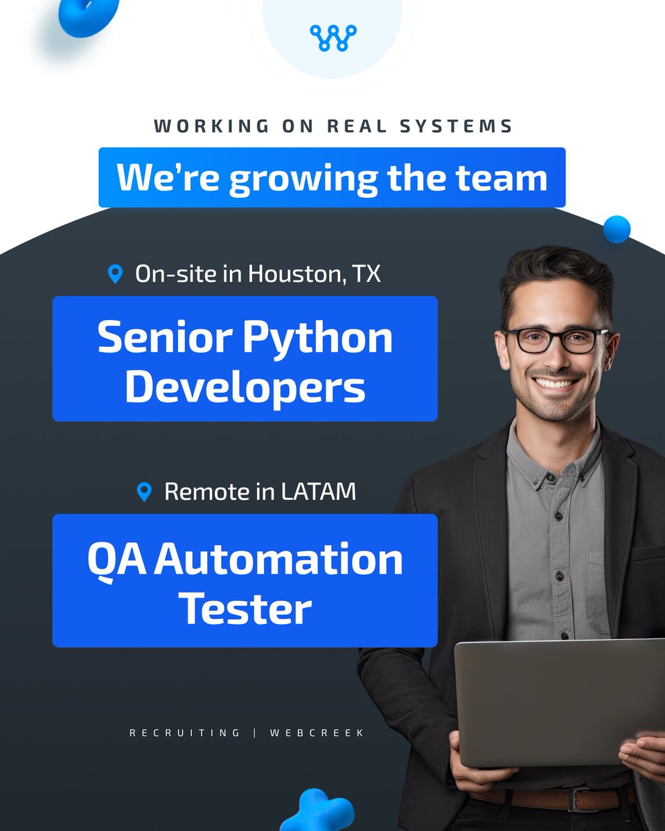 WebcreekTech's tweet photo. We are hiring across software development and QA engineering teams.

On-site in Houston, TX
Senior Python Developer
Senior Python Developer with SCADA experience

Remote in LATAM
Senior QA Automation Tester

Send your resume to: jobs@webcreek.com
https://t.co/092M89RI0n

#WebCreek #PythonDeveloper #QAAutomation #SCADA #HoustonJobs #LATAMJobs