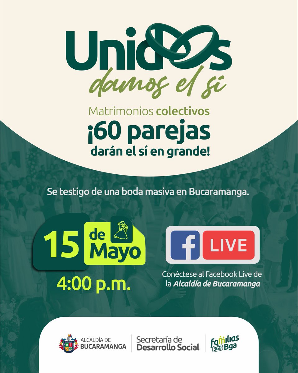 DesarrolloBGA's tweet photo. ¡👰🤵Estamos a un día! De materializar el sueño de varias parejas, porque ‘Unidos Daremos el Sí’ en grande. Por eso, los invitamos a conectarse a nuestra transmisión📹 #EnVivo. 

⏰4:00 p.m. 
🔴Facebook Live 

¡🤩La familia se fortalece cuando el compromiso se materializa! https://t.co/rPLscjchpL