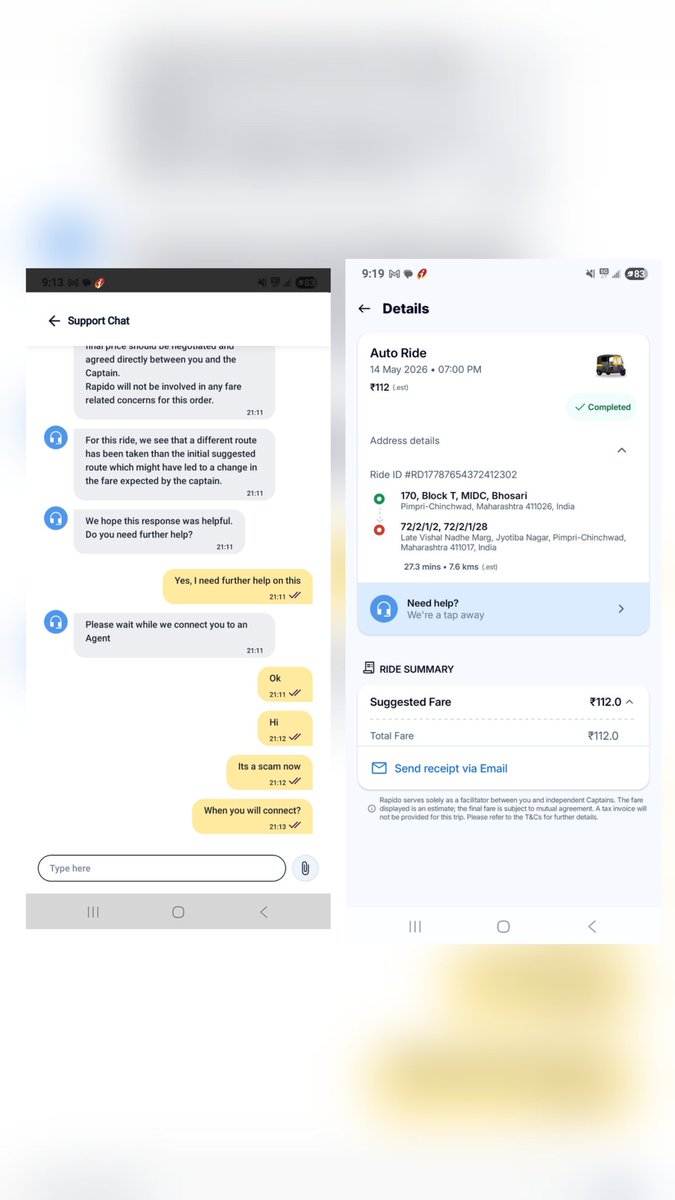 VyankateshBalla's tweet photo. Booking on @rapidobikeapp is a scam. The fare will booking shows 112, while paying app shows 135 and while generating bill it shows 112. And even they won't care to reply on service chat.. #scammers https://t.co/4STF0JI1ta