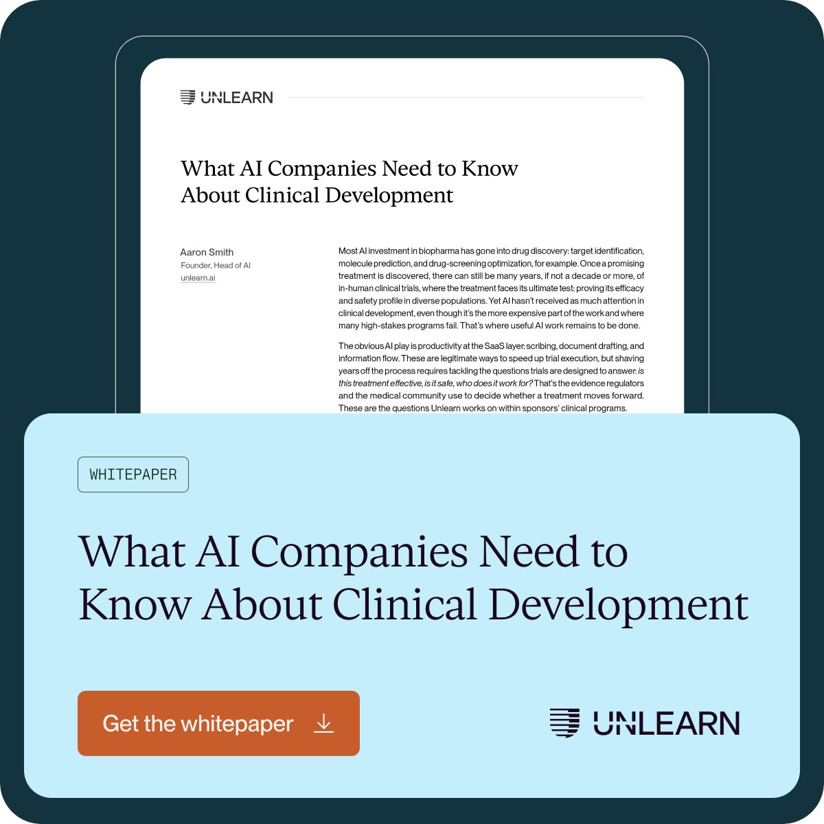 UnlearnAI's tweet photo. Most #AI investment in #biopharma has gone into #drugdiscovery. Once a promising treatment is discovered, there can still be many years, if not a decade or more, of in-human #clinicaltrials, where the treatment faces its ultimate test: proving its efficacy and safety profile in diverse populations. Yet AI hasn’t received as much attention in #clinicaldevelopment, even though it’s the more expensive part of the work and where many high-stakes programs fail. That's where useful AI work waits to be done, and it's what Unlearn founder and Head of AI Aaron Smith covers in our latest whitepaper: https://t.co/Z53Zxfm5fc