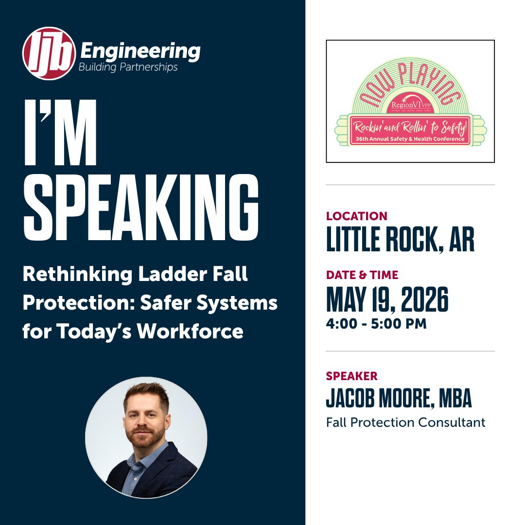 LJBinc's tweet photo. LJB's Jacob Moore, MBA will be presenting "Rethinking Ladder Fall Protection: Safer Systems for Today’s Workforce" at the VPPPA Region VI Safety Conference. 

If you're going to the conference, you can catch it at 4:00 PM on Tuesday, May 19. https://t.co/m9sYXy8LvG