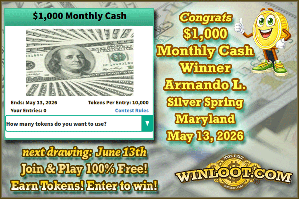 Winloot's tweet photo. 🥳Congrats to our newest $1,000 Monthly Cash #Winner, Armando L. from Silver Spring, Maryland!🏆💸

✔️Play Winloot: https://t.co/8lk3Sj1gh3
✔️Earn Tokens!
✔️Enter to #win prizes!
💯100% FREE!🆓 https://t.co/csEDRCV3vg