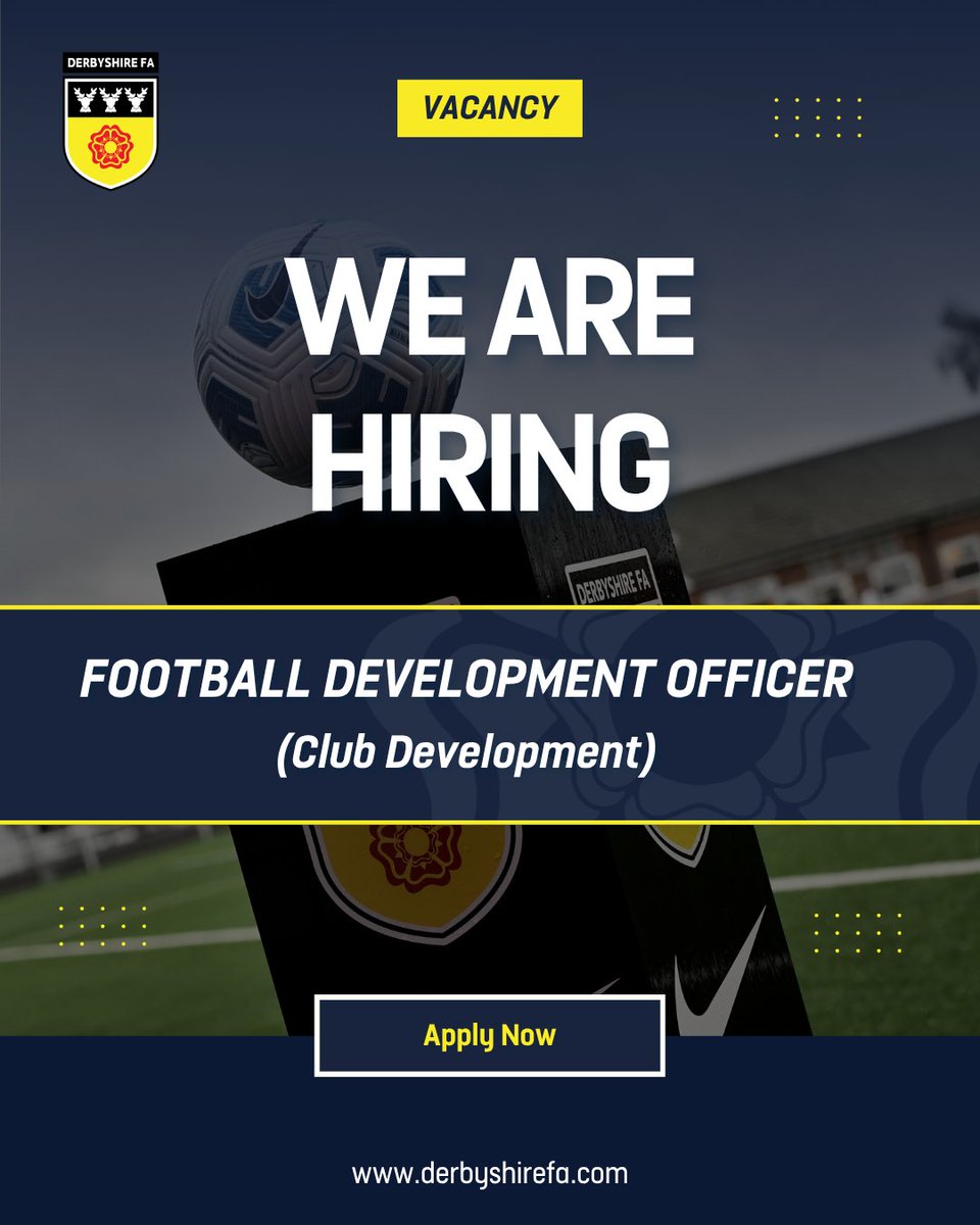 DerbyshireFA's tweet photo. 📢 We’re hiring!

Derbyshire FA are looking for a Football Development Officer (Club Development) to help support and develop grassroots football clubs across the county ⚽

If you’re passionate about club development, inclusion, and growing the game, we’d love to hear from you.

Read the vacancy pack & find out how to apply 👇
https://t.co/tpoxnu75ud