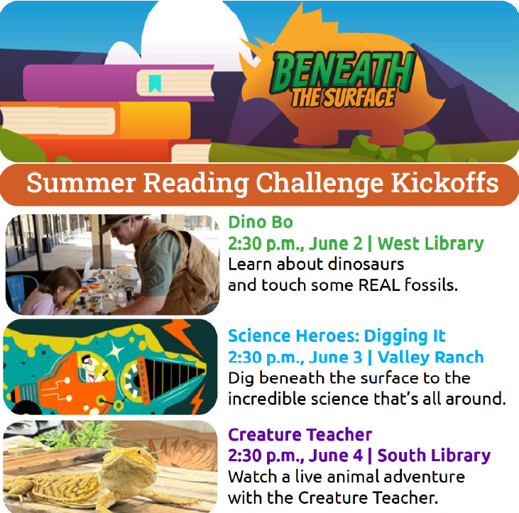 irvinglibrary's tweet photo. Summer Reading Challenge is just around the corner! Make a plan for the kids to join and see it to completion!  Join us for the following kickoff events:
2:30 p.m., June 2 at West
2:30 p.m., June 3 at Valley Ranch
2:30 p.m., June 4 at South 
Visit https://t.co/ml5nUSGgOa to join! https://t.co/LHWR9bfLfA
