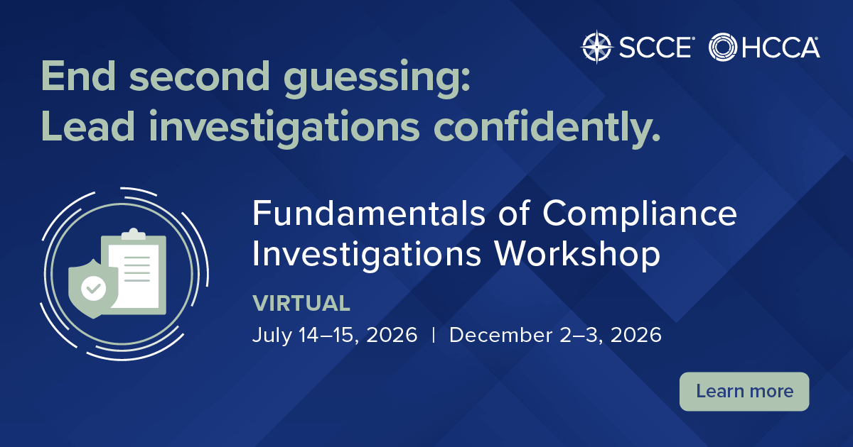 SCCE's tweet photo. Learn what it takes to effectively follow up on compliance reports through skilled investigations. If you are a new or future investigator or part of a small team that may call on you to assist in the investigative process, this workshop is for you:
https://t.co/C0XIc6JEXD https://t.co/ZRvXJA23qw