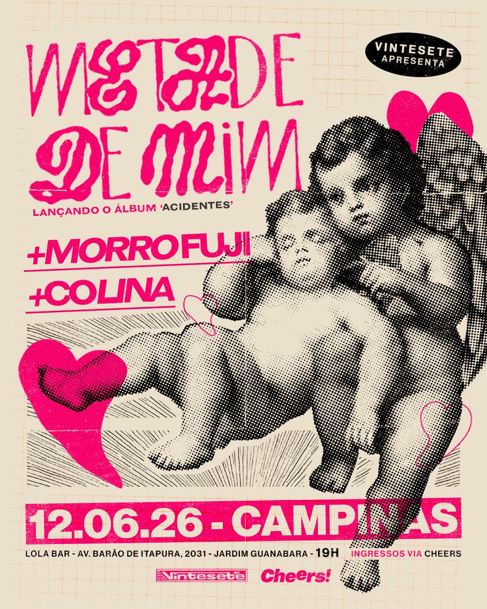 mtddemim's tweet photo. Vintesete Apresenta: METADE DE MIM + Morro Fuji + Colina 
Sexta dia 12/06 a partir das 19hs no Lola Bar em Campinas. Bora demais? 🦂🤓🤝😇❤️‍🩹🥁💖
Ingresso na bio!

Arte: Lucas Carmo https://t.co/VAOlXTVBEx