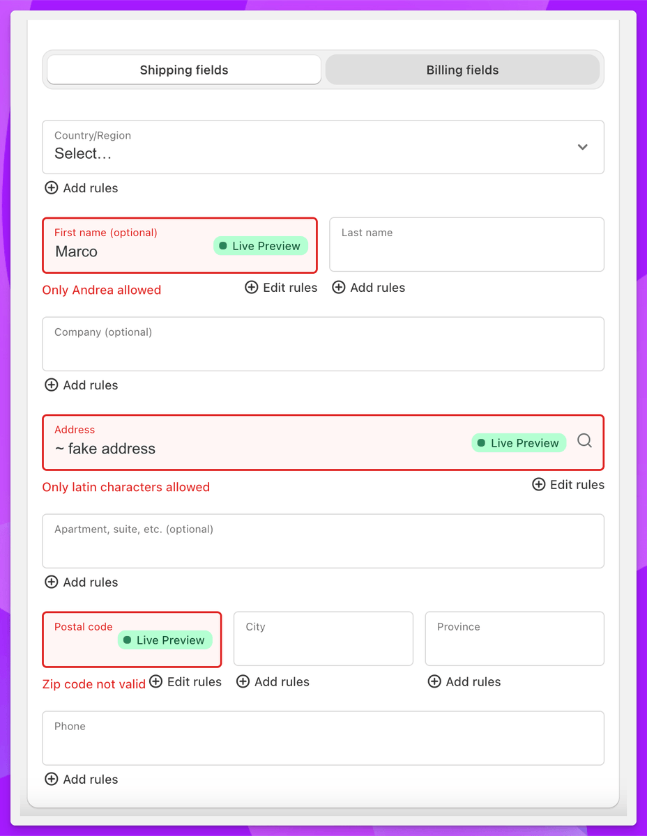 andrea__morone's tweet photo. New in Cart Block: multi-field validation!
Attach rules to multiple fields at once, preview everything live. No more configuring one field at a time.
Less config, more control.
Try it out: https://t.co/SCXHtfqG5T
#Shopify #Ecommerce #ShopifyFunctions https://t.co/5TzxotMVQ9