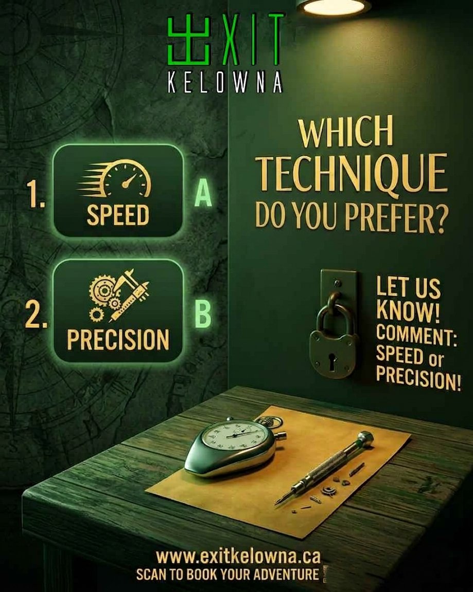 ExitKelowna's tweet photo. ⚡ SPEED or PRECISION? 🔐

In an escape room, what’s your winning strategy?
A – SPEED 🏃‍♂️
B – PRECISION 🎯

Comment your answer below and then come test your skills at EXIT Kelowna! ⏳✨

📱 (778) 484 3366  
https://t.co/U24b7nPURi
#ExitKelowna #EscapeRoom #ThingsToDoInKelowna https://t.co/WkgwZkNrL6