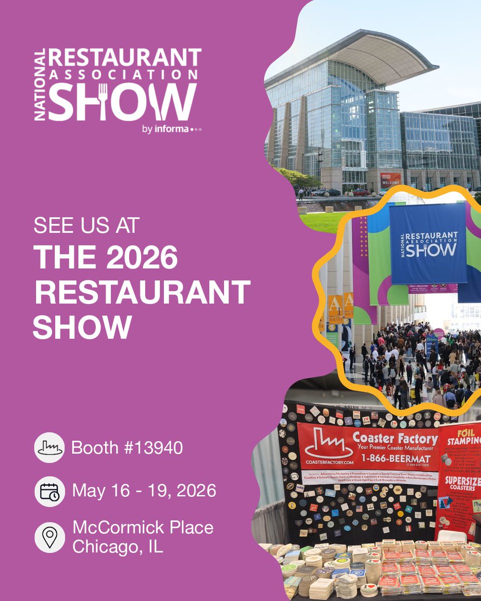 coasterfactory's tweet photo. We’re heading to Chicago for the #2026RestaurantShow.

Visit Coaster Factory at Booth #13940 to explore custom coasters for restaurants, bars, cafés, breweries, and hospitality spaces.

Menu coasters. QR coasters. Event coasters. https://t.co/bEi1gxtp1s