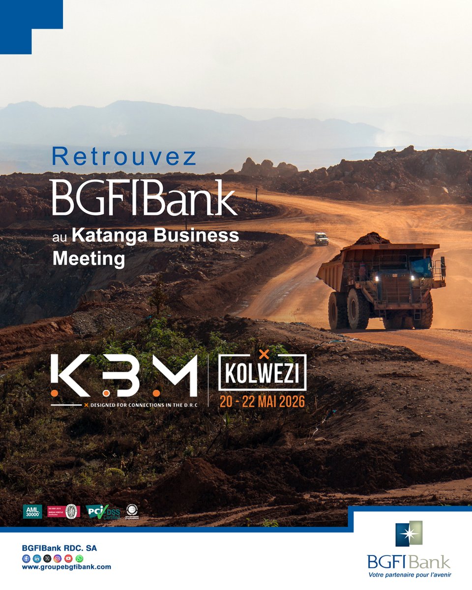 BGFIBankRDC's tweet photo. #KBM : BGFIBank participera à la 7ᵉ édition du Katanga Business Meeting à Kolwezi.

Ce sera l’occasion d’échanger avec les acteurs économiques autour des solutions d’accompagnement financier adaptées aux besoins des entreprises et porteurs de projets.

📍 Venez rencontrer nos équipes durant le forum.

#BGFIBankRDC #KBM2026 #RDC