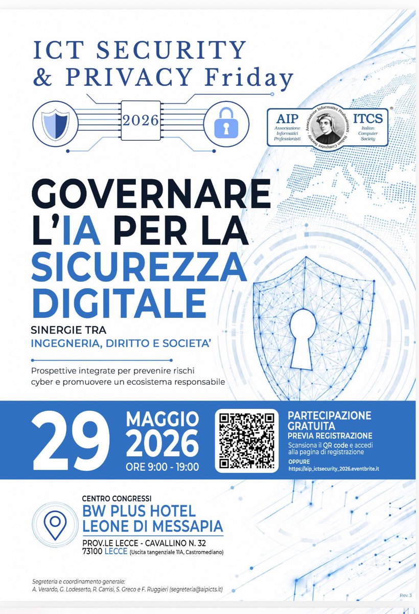 domenicoraguseo's tweet photo. GOVERNARE L’IA PER LA SICUREZZA
DIGITALE. . Io ci sarò con uno speech sui crimini nel 2026 in #Italia . @Exprivia_CY #lecce #cybersecurity https://t.co/ieYYBW4sqV https://t.co/GdgbYt50uF