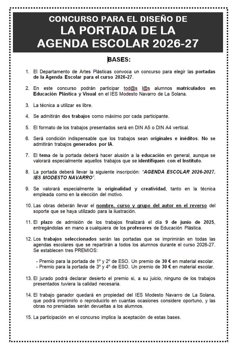 IES_Modesto's tweet photo. "No lo dudes y participa en el concurso para la creación de la portada de la agenda del próximo curso escolar. Podrás presentar tus creaciones (máximo 2 por participante) a los profesores de Artes Plásticas hasta el 9 de junio. La portada, en formato DIN A4 o DIN A5. https://t.co/EA1GPQSa4d