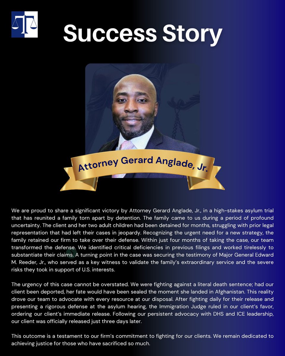 LegalBrains's tweet photo. A powerful victory for justice.

We are proud to recognize Attorney Gerard Anglade, Jr. for securing a major win in a high-stakes asylum case that reunited a family torn apart by detention.

At The Ticktin Law Group, we fight for our clients when it matters most. https://t.co/bQZbi8cqmr