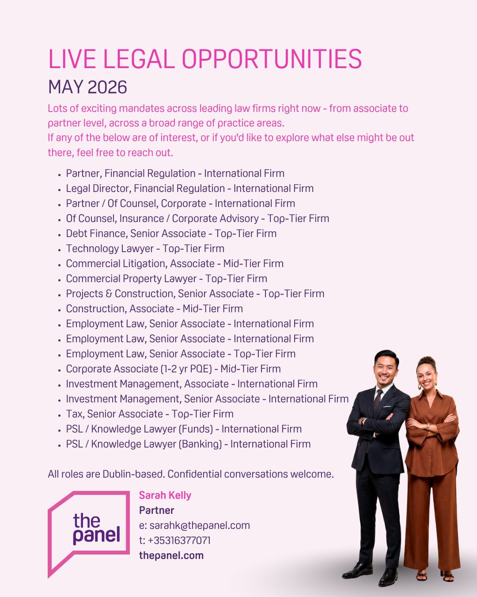 ThePanelDublin's tweet photo. Our colleague Sarah (https://t.co/CWLOE0CPoS) is partnering with several companies that are actively hiring #Legal professionals to join their teams.

For more information, contact her at sarahk@thepanel.com

#jobfairy #legaljobs #legalpartner #legaldirector #ofcounsel #lawyer https://t.co/qggmeoZMgM