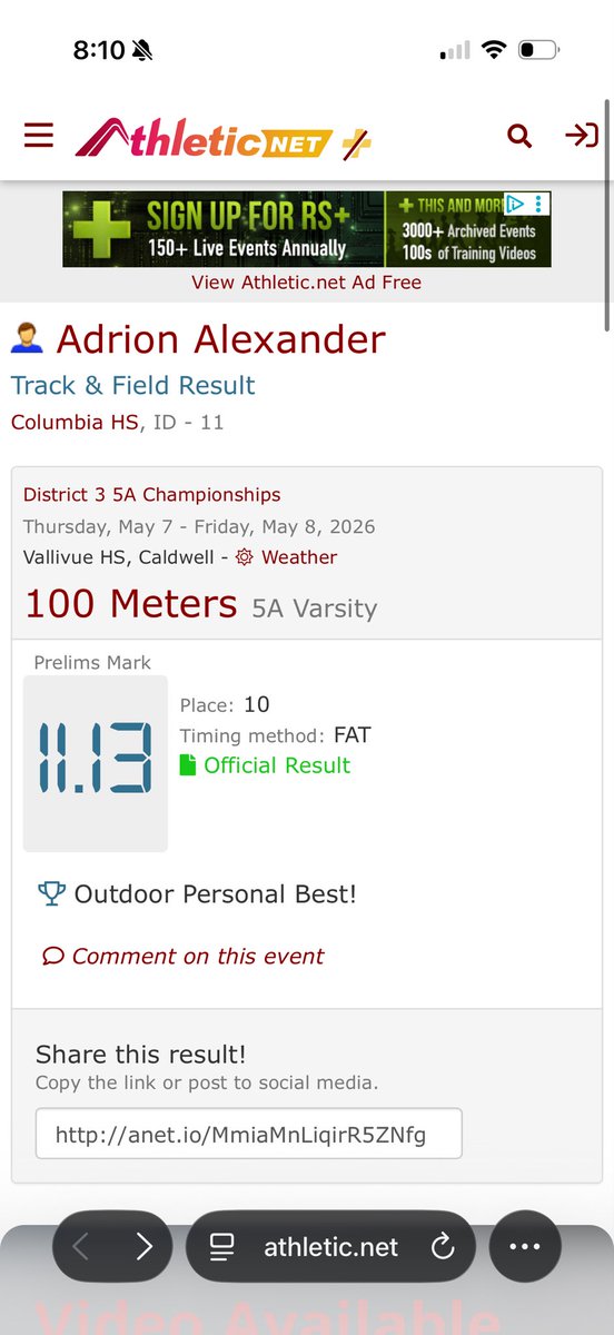 AdrionAlexand3r's tweet photo. Great time at districts running a pr of 11.13. Sub 11 🔜 https://t.co/b8oqAfj4O5
