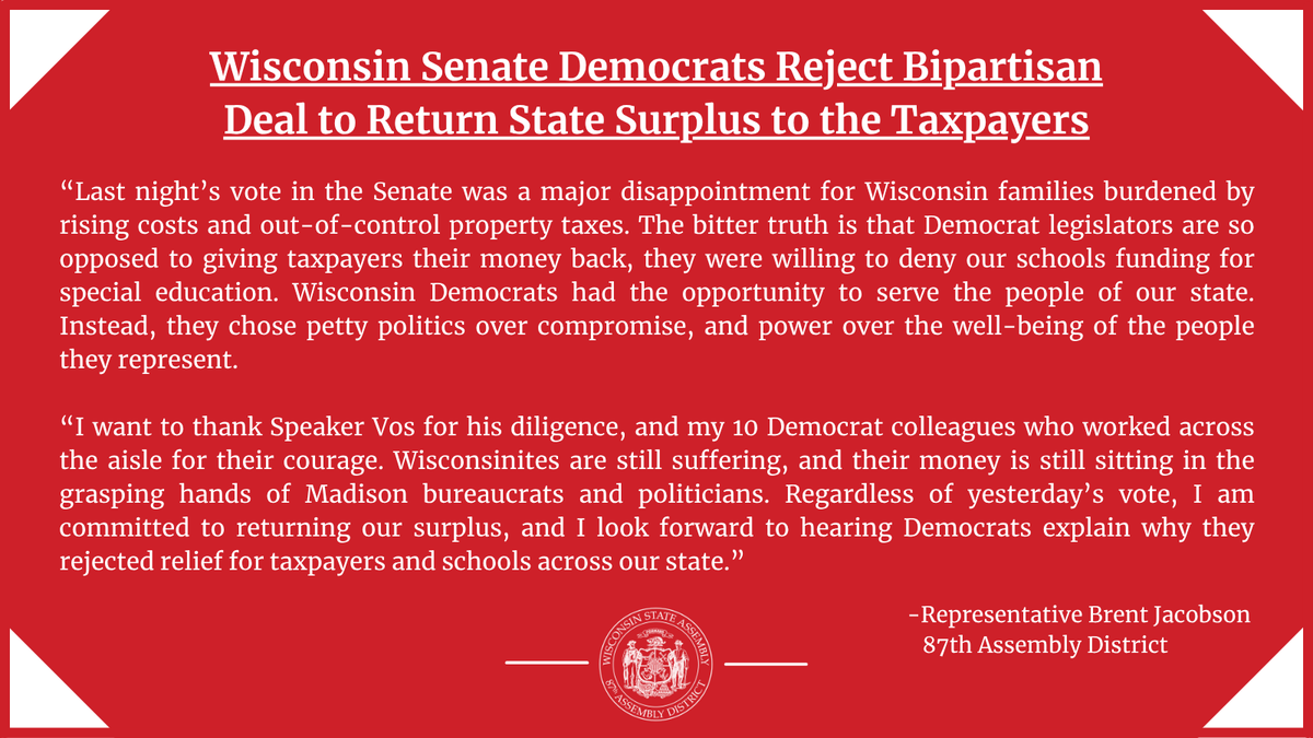 Rep_Jacobson's tweet photo. Last night, I voted for a bipartisan agreement to return the state surplus to the taxpayers who created it. Sadly, this agreement failed to pass after Senate Democrats selfishly and shortsightedly voted unanimously against it. https://t.co/1bVw7zn4fV