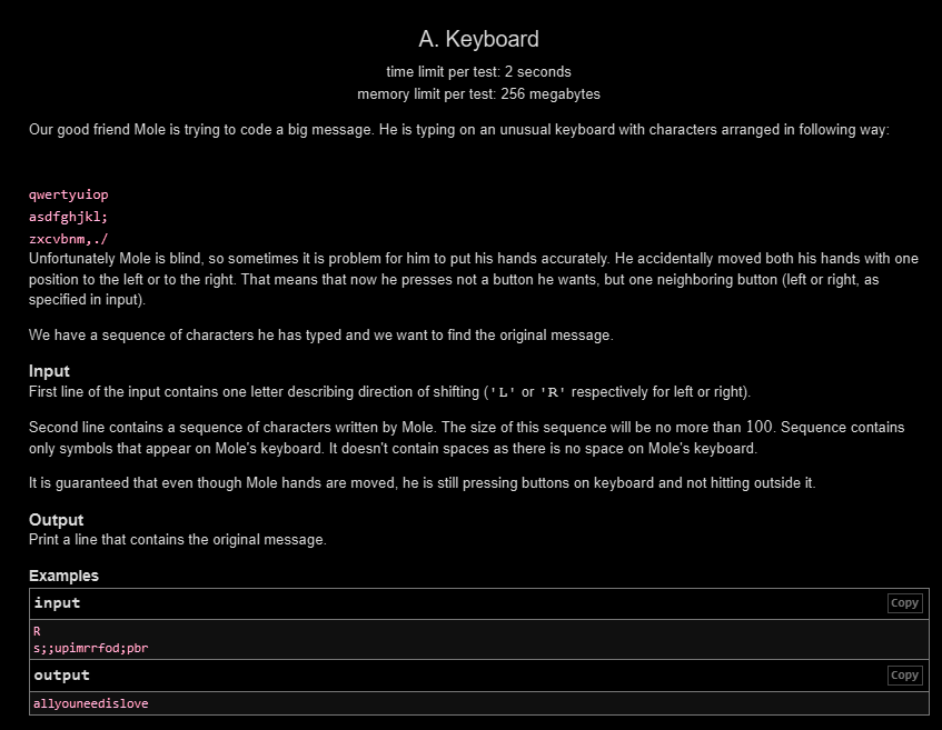 Siddhesh_2110's tweet photo. Day 162 ๐
โ
LC POTD
โ
GFG POTD
โ
CF 1x Problem
CF Insight (Keyboard):
The trick was simulating the keyboard shift correctly.
If the hands moved right, every typed character actually belongs to the left neighbor on the keyboard (and vice versa).
#Day162 #DSA #Codeforces https://t.co/1Ya9gXVN6Q