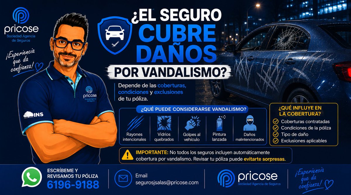 AgenteSalas's tweet photo. 🚗⚠️

¿Tu seguro cubre vandalismo?

Rayones, vidrios quebrados o daños intencionales podrían tener cobertura según tu póliza.

👀 Revisar coberturas y exclusiones hace la diferencia.

📲 6196-9188
📧 segurosjsalas@pricose.com https://t.co/zOQy2wCHMD