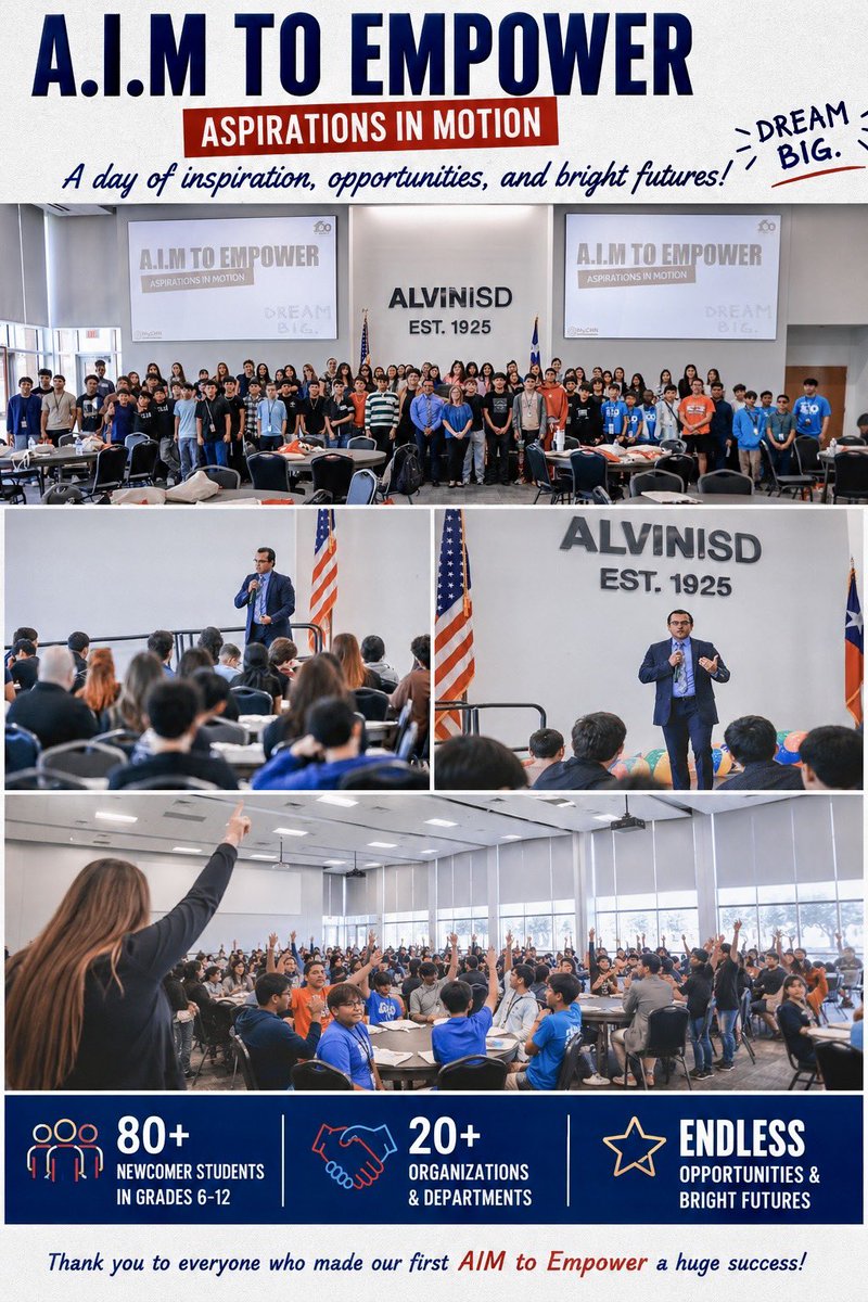 AlvinISD_EL's tweet photo. ✨ Our first-ever AIM to Empower: Aspirations in Motion was a huge success!

More than 80 newcomer students in grades 6–12 from across Alvin ISD junior high and high schools came together for a day of inspiration, encouragement, and opportunity. 

Students connected with 20+ organizations including @UHouston @TAMU , @SanJacCollege , the Navy, Army, First Community Credit Union, and many amazing Alvin ISD departments such as @AISDCTE , @AISDFineArts , @AlvinISDSTEMBus, AVID, Advanced Academics, Book Bus, and Police Department.

We are proud to remind our students that their voices matter, their stories matter, and they have bright futures ahead of them. 💫

A special thank you to our inspiring keynote speakers Dr. José Luis Zelaya @DrZelayaSpeaks and Dr. Cody Fernandez for empowering our students through their words and leadership.

And thank you to @MyCHNetwork for generously donating lunch boxes for our students and helping make this event possible! ❤️ #AIMtoEmpower #AlvinISD #NewcomerStudents #StudentSuccess #FutureLeaders