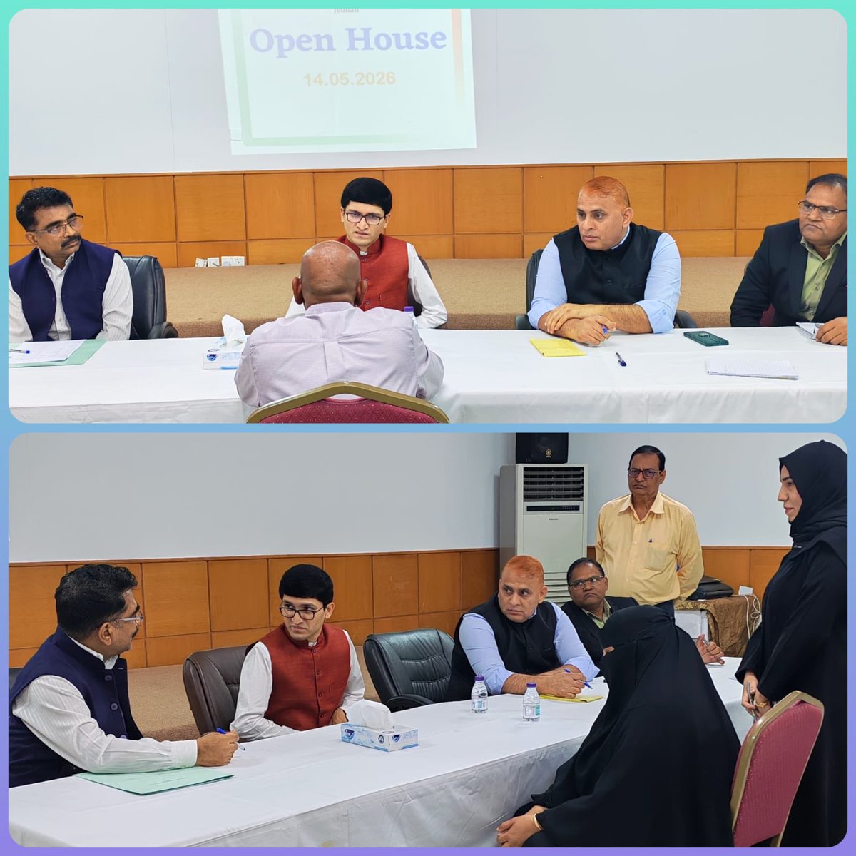 CGIJeddah's tweet photo. Glimpses from the May 2026 edition of the Monthly Open House held today (14.05.2026) at CGI Jeddah.
The Consul General and officials engaged with members of the Indian diaspora, addressing concerns and providing all possible assistance.
#IndiaInSaudi #ConsularOutreach #ConsularServices
@MEAIndia @IndianDiplomacy @IndianEmbRiyadh @diaspora_india @CPVIndia
