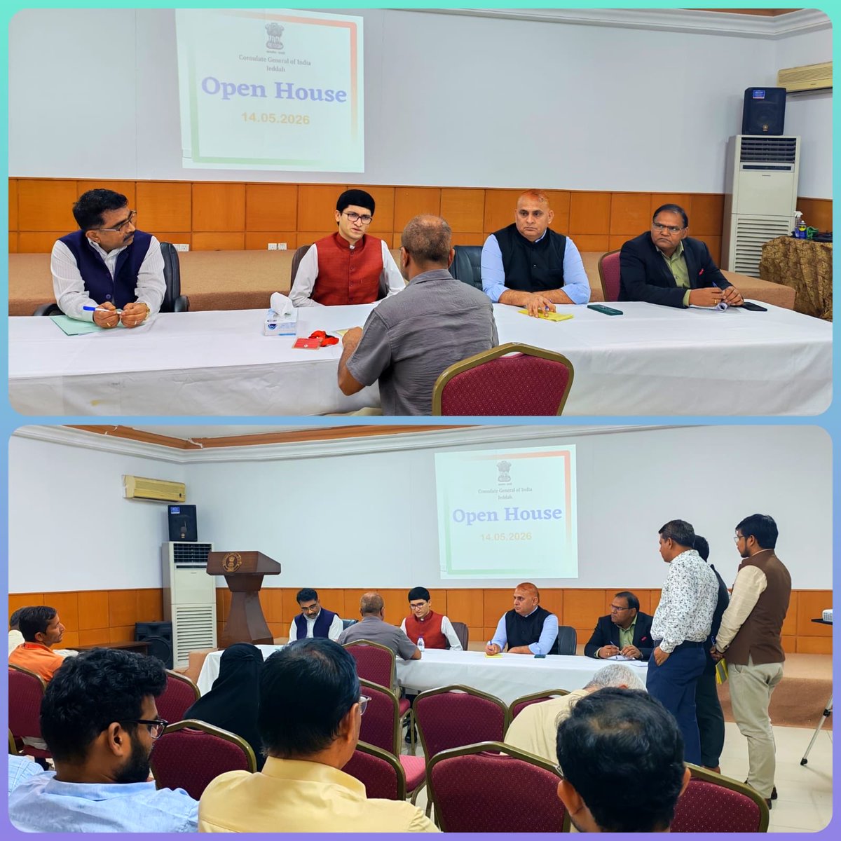 CGIJeddah's tweet photo. Glimpses from the May 2026 edition of the Monthly Open House held today (14.05.2026) at CGI Jeddah.
The Consul General and officials engaged with members of the Indian diaspora, addressing concerns and providing all possible assistance.
#IndiaInSaudi #ConsularOutreach #ConsularServices
@MEAIndia @IndianDiplomacy @IndianEmbRiyadh @diaspora_india @CPVIndia