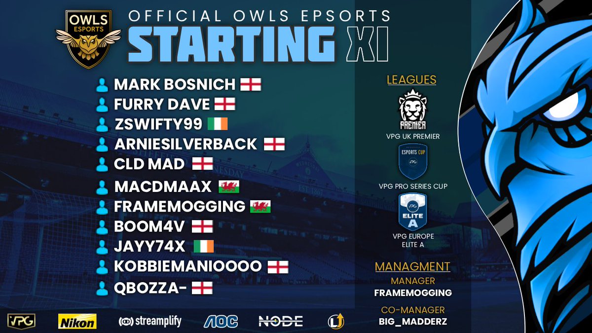 OWLSEsportsX's tweet photo. 🦉⚽️FIXTURES & STARTING XI⚽️🦉

Here is tonight’s team sheet and fixtures as we look to end the week on a positive note. Best of luck to the ladS let’s finish strong. 💙👊

#WAWAW #OWLSEsports @OfficialVPG  @proclubs_weekly 

@Jarvo_07 
@daveswfc100 
@Swifty2766 
@Arniesilverback 
@MADDERZ_7  
@kody_macdonald 
 @weenwrld  
@Boom1v 
 @Jvyy77x 
 @BozSzn07 
 @_Loze