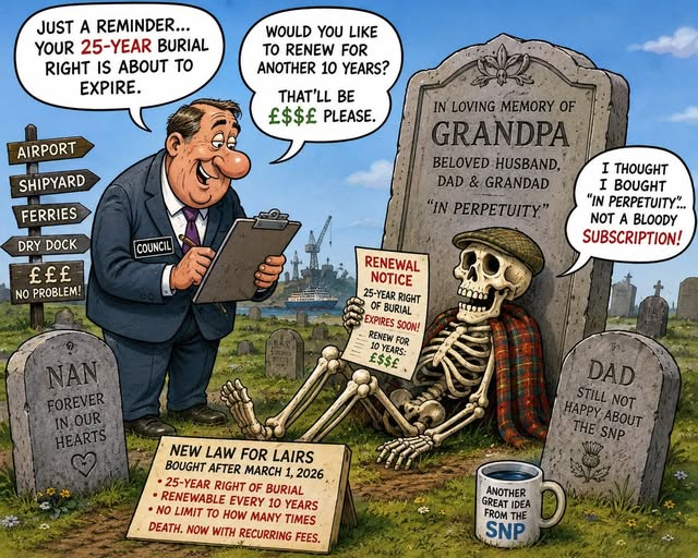 PodScotlan73457's tweet photo. A GRAVE INJUSTICE !

So apparently under the new Scottish burial rules, any lair bought after March 2026 only comes with a 25-year right of burial before the family has to start renewing it every 10 years.

Aye… because nothing says “dignity and respect” quite like leaving a note for the grandweans saying: “Don’t forget to pay the renewal on Grandpa or the council will be eyeing up his postcode.”

Folk genuinely thought they were buying a final resting place, especially when many older lair deeds actually say “in perpetuity” and most family plots around here hold generations of the same family together.

Meanwhile governments can burn through fortunes on ferries that don’t sail, airports nobody uses and projects that never end… but somehow ordinary families may end up paying ongoing lair renewal fees to keep loved ones resting in peace.

Modern Scotland: where even death comes with taxes and  recurring charges.

Thanks C.H. for the heads up on this !
https://t.co/9i3s0jAqRf...
